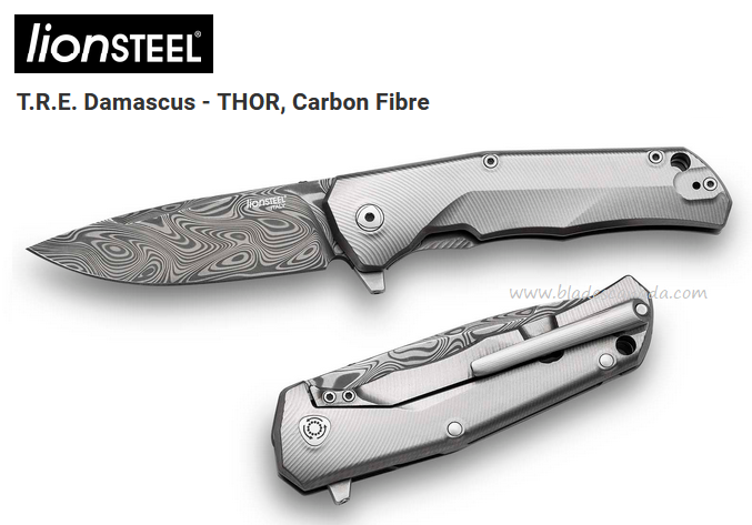 Lion Steel TRE DT GY Thor Flipper Framelock Knife, Damascus, Titanium